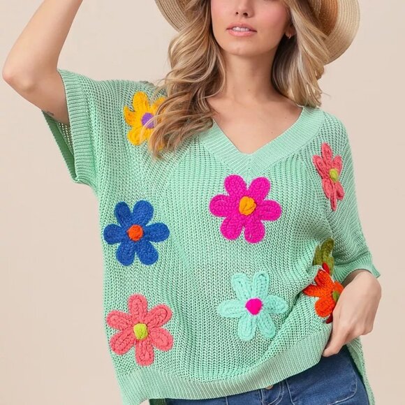 BiBi Flower Patches Dolman Sleeve Lightweight Sweater - Picture 1 of 11
